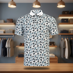 Chemise de golf pour homme Handee, blanche/bleue, imprimé floral numérique, respirante, 100% polyester tricoté - Product Image 3