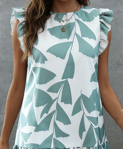 Nouvelle robe courte style plage, motif abstrait feuilles vertes et blanches, lavable, longueur genou, bords volantés, style printemps-été - Product Image 3