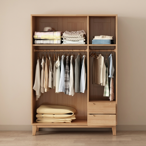 Modern Wooden <b>Wardrobe</b> With Shutter Doors Hinged Freestanding Bedroom Storage Cabinet Scandinavian Design 2 Drawers - Product Image 2