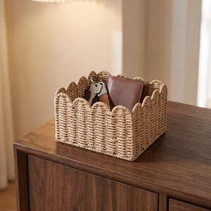 Woven <b>Storage</b> <b>Basket</b> Rectangle Handmade For Bathroom Organizing Khaki Paper Rope - Product Image 3