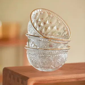 High Quality Glass Fruit Bowl Fancy Embossed Mixing Glass Container Round Serving Bowls With Golden Rim For Wedding Decor 3214