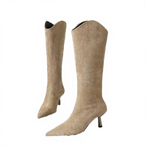 Polyester Upper Long Booties Wide Fit Super High Heels Slip on Shoes Women's Pointed Toe Solid Knee High <b>Boots</b> Light Winter - Product Image 2