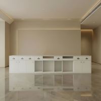 Bureau d'accueil moderne blanc avec design en lattes de bois LED, poste de travail double minimaliste, comptoir de réception de bureau, table de salon