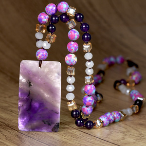 Kalung Liontin <span class=keywords><strong>Amethyst</strong></span> Persegi Model Baru Laris Manis untuk Wanita, Dilengkapi Manik-manik Berbentuk Bunga Ungu, Desain Ikat Tangan, Model Panjang - Product Image 1
