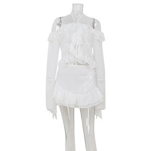 วิวิบลูค์ Z0203ST03 ชุดเซ็ตสองชิ้นสำหรับผู้หญิง เสื้อเปิดไหล่ข้างเดียวแต่งระบายแขนยาว กระโปรงมินิสั้นทรงเอ - Product Image 6