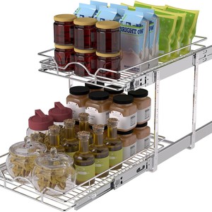 Kitchen Storage Rack 2 Tier Pull Out Basket Sliding Rails Cabinet Organizer Durable Rectangle Shape - Product Image 1