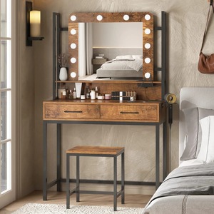 Juego <span class=keywords><strong>de</strong></span> tocador LED comercial moderno con 2 cajones <span class=keywords><strong>de</strong></span> madera, toma <span class=keywords><strong>de</strong></span> corriente <span class=keywords><strong>de</strong></span> espejo iluminado para dormitorio o salón <span class=keywords><strong>de</strong></span> belleza - Product Image 1