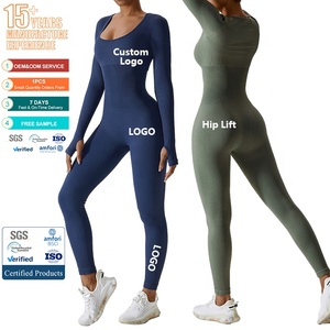 Monos deportivos de yoga para mujer, mono de una pieza para gimnasio, mono de entrenamiento de manga larga deportivo sin costuras acanalado - Product Image 1