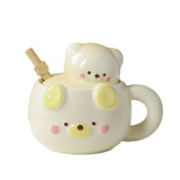 Mug en céramique écologique de luxe, motif ours créatif et mignon, avec couvercle et cuillère, compatible lave-vaisselle et micro-ondes, impression personnalisable pour entreprises
