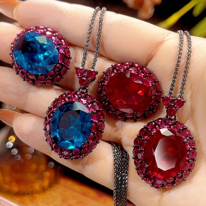 High Grade Eco-friendly Copper Black Gold Plated 15*18mm Red & Blue Zircon Hypoallergenic Non Tarnish Waterproof Jewelry Sets Tu - Product Image 1