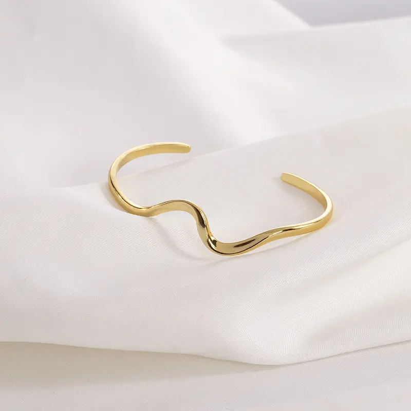 Wholesale Minimalist Silver Bangles Wave Gold Plated 925 Sterling Silver Jewelry Cuff Bracelet