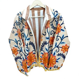 Floral Embroidery Embossed Cotton Thick <b>Jacket</b> Mandarin Collar Full Sleeve <b>Summer</b> Vacation Style Breathable Nonwoven Fabric - Product Image 1