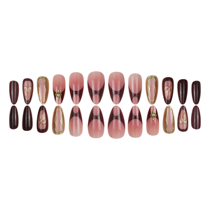 Lot de 24 <span class=keywords><strong>faux</strong></span> <span class=keywords><strong>ongles</strong></span> à presser en amande, rose <span class=keywords><strong>bordeaux</strong></span>, style French Manucure, avec breloques nœud et étoile dorées, réutilisables, pour femmes - Product Image 3