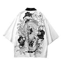 Kimono traditionnel imprimé Dragon dessin animé noir et blanc pour hommes et femmes, Cardigan de Cosplay Yukata, chemise samouraï japonais Haori