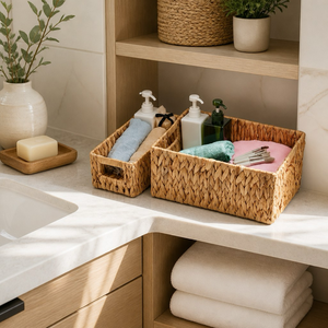Set di 3 Cesti Portaoggetti Rettangolari Intrecciati con Manici in Fibra Naturale, Organizzatori per Cassetti, Scaffali e Armadi - Product Image 3