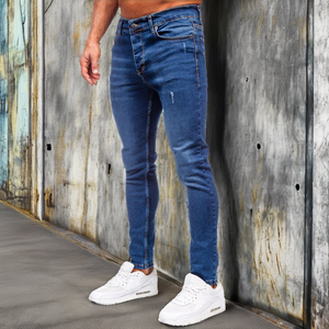 Jean en denim 100 % coton délavé pour homme, coupe droite légère, taille mi-haute, respirant, motif uni, idéal hiver, automne, printemps - Product Image 2