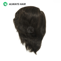 Perruque courte pour homme, 6 pouces, en cheveux Remy indiens humains, pleine dentelle, nouée à la main, brun clair, densité 130%, couleur noir foncé
