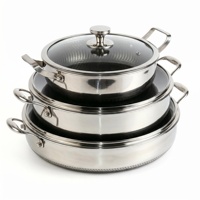 Ensemble de 3 poêles antiadhésives en acier inoxydable alvéolées de qualité supérieure, avec double poignée, pour sauter et frire, batterie de cuisine à induction 3 couches avec couvercle en verre