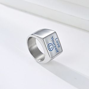 Nuevo inglés amor a sí mismo azul luminoso cara sonriente anillo de acero inoxidable temperamento simple anillo de moda para hombres solteros - Product Image 3