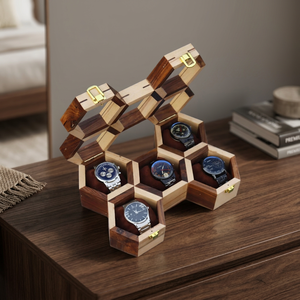Hexagon Wood <b>Watch</b> Box Organizer 5 Slot Protective Buckle Closure Handmade Jewelry <b>Case</b> - Product Image 2