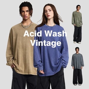 Camiseta de Manga Larga Personalizada al por Mayor, Estilo Vintage, 100% Algodón, Efecto Desgastado por el Sol, Lavado Ácido, Cuello Redondo Acanalado, Corte Holgado, Estilo Retro de los 80s y 90s - Product Image 1