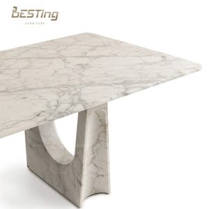 מודרני יוקרה מתכת עיצוב חדש + השיש בסיס קררה לבן 8 מושבים שולחן אוכל מלבני - Product Image 2