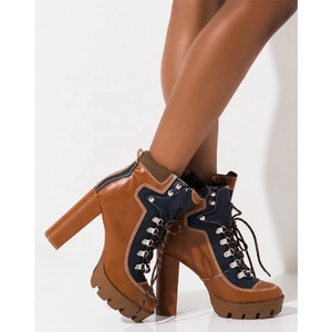 High Top Color Block PU Upper Platform Round Toe Women Ankle Boots Fashion Lace up Chunky High Heel Short <b>Booties</b> for Ladies - Product Image 4