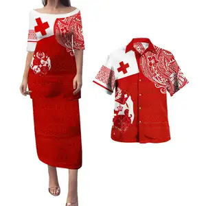 Tonga Combo Samoan Puletasi And Hawaii Shirt Polynesian Flag With Coat Of Arms Off Shoulder Maxi Dresses Men's Shirts Drop Ship