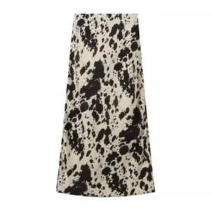 Beige black color zipper fly animal print casual fashion long skirt for women
