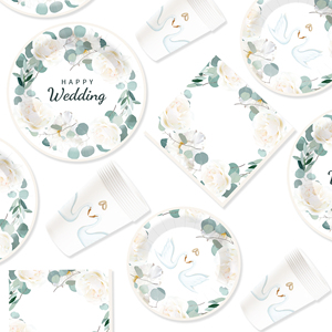 Juego de vajilla desechable para fiestas DAMAI, platos de papel con diseño floral de hojas verdes para suministros de boda, para 8 personas. - Product Image 3