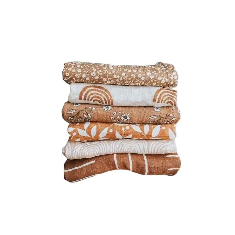 Customized Reactive Pattern Baby Bamboo Muslin Blanket 2 layers swaddle Blanket Wholesale Organic Cotton Fabric Muslin Blanket