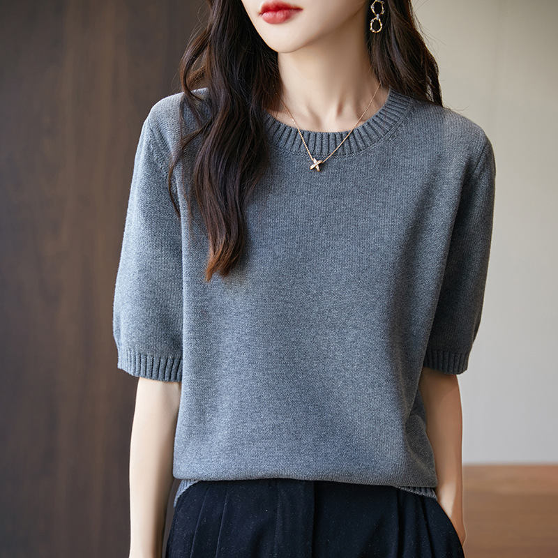 Crew Neck Pullover Loose Plus Size Double Stretch Thick Anti Pilling Knitted Short Sleeve T Shirt For Women Solid Color Daily