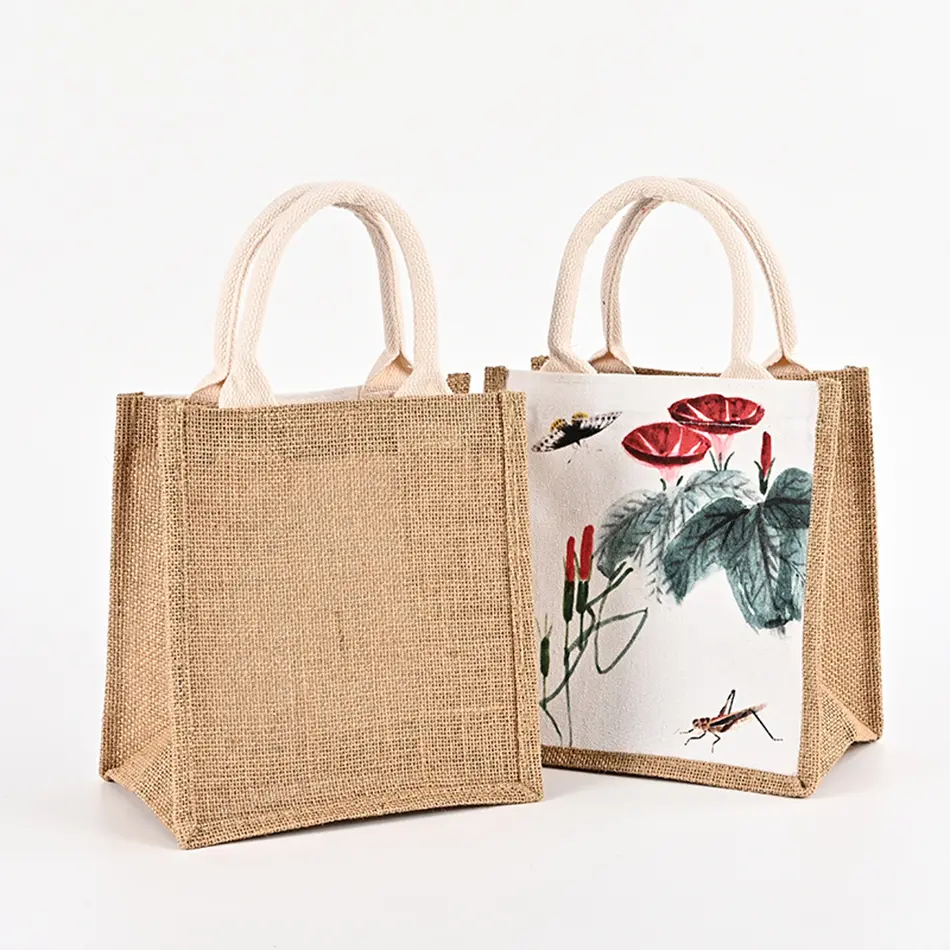 Sac fourre-tout en toile de jute avec logo personnalisé Vente en gros Toile vierge avec votre logo imprimé Sacs de jute à provisions fantaisie