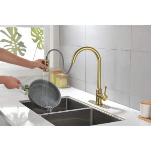 Grifo de cocina extraíble de arco alto de un solo mango de diseño moderno DB, grifos de fregadero de cocina de un solo nivel de acero inoxidable con tirador Spra - Product Image 2