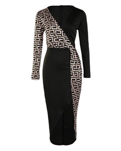 Robe midi pour femme à imprimé géométrique color block, col en V profond, manches longues, style portefeuille moulant, fente haute, pour soirée, club et événements - Product Image 2