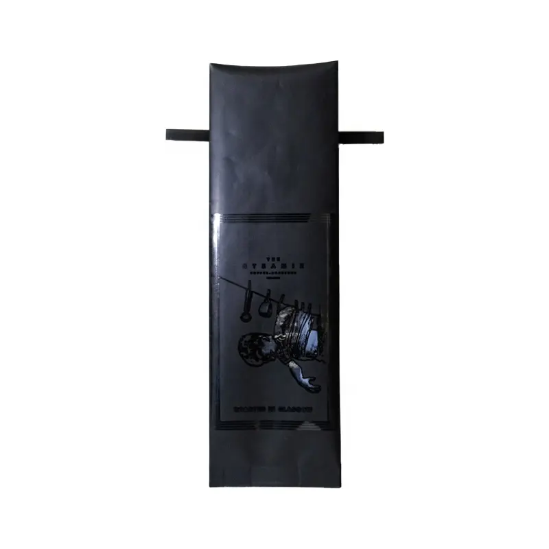 250g Black Side gusset foil coffee bag with valve and tin tie