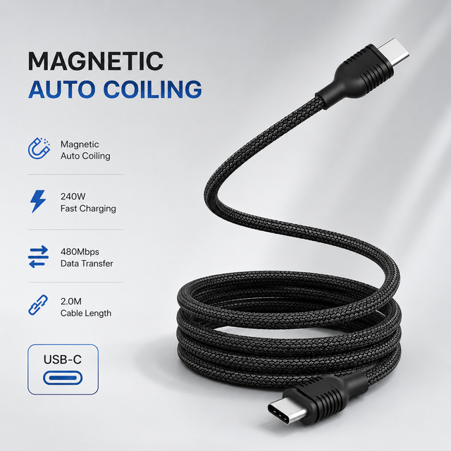 USB-C Magnetic Cable 240W PD Fast Charge 5A Data Sync Braided Shielded Type-C to Type-C 2m Black OEM ODM