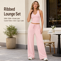 Conjunto de Dos Piezas Personalizado para Mujer, Top Corto con Cuello en V Acanalado, Pantalones Anchos con Cordón, Suaves y Elásticos, para Uso Diario Informal