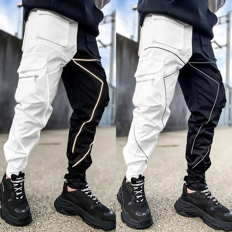 YX-K-33 Man Clothing Unisex Drawstring Fashion Five Pocket Night Reflective Stripes Casual Pants Fit Men Cargo Pants Men