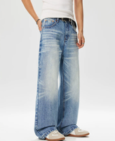 Pantalon long en denim bleu clair délavé, coupe droite, taille mi-haute, coupe en A, résistant, anti-poils de chat, poids moyen américain 14 oz, coupe ample