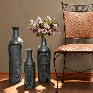 Ensemble de 3 vases décoratifs en métal, motif feuilles noir et gris, vases sur pied, vases hauts noirs et gris pour la décoration de la maison - Product Image 2