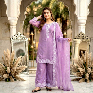 Ensemble Salwar traditionnel pour femmes, violet, brodé, avec dupatta, coupe ample, style indien pakistanais, vêtements décontractés - Product Image 1