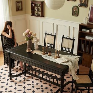 French <b>Retro</b> Solid Wood Rectangular <b>Dining</b> <b>Table</b> Black Carved Design Modern Minimalist Style Stable Structure For Home Use - Product Image 2