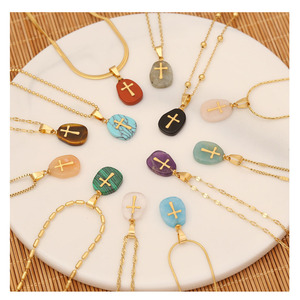 Dainty Christian Aço Inoxidável Pedra Natural Cristal Cruz Colar Colorido Crucifixo Jóias Fé Presentes - Product Image 1