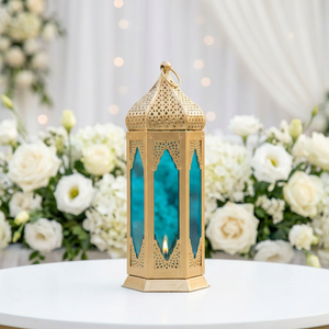 Wholesale <b>Gold</b> Metal Moroccan Candle <b>Lantern</b> with Blue Glass for Home and Weddings Decoration - Product Image 1