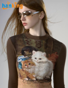 Ehanking, camiseta de manga larga con estampado de gato Vintage para mujer, nuevo suéter de manga larga ajustado con cuello redondo para Otoño e Invierno - Product Image 1