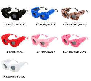 卸売ビッグフレームパーティーアイウェアキャットアイヘアリーファッションサングラスブランドトレンディなレディースぬいぐるみファーサングラススクエア - Product Image 5