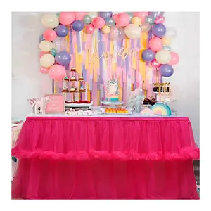 Rok meja rumbai Tutu kue indah pernikahan dengan rok Tulle merah muda pesta ulang tahun gradien ukuran kustom untuk meja
