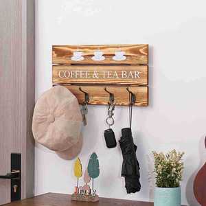 Wood Wall <b>Hook</b> Rack With 4 <b>Hooks</b> Coffee Tea Bar Sign For Home <b>Kitchen</b> Entryway Brown Pine - Product Image 1