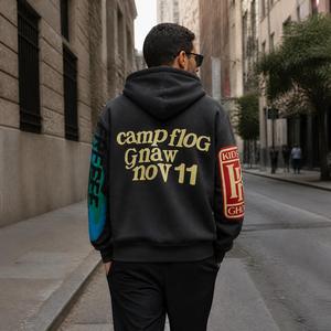 Sweat-shirt à capuche noir pour homme Camp Flog Gnaw Nov 11, imprimé au dos, style streetwear, coupe oversize, manches classiques, en coton French Terry - Product Image 1